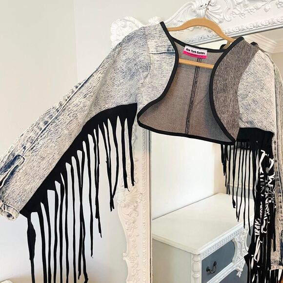 SALE New York Couture Handmade Reworked 80’s Jeans Fringe Cropped Jacket - Picture 3 of 7
